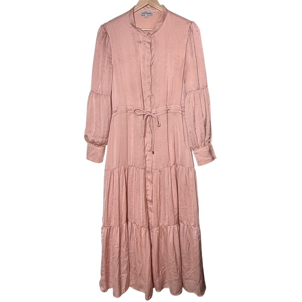 Paper Parachute Satin Tiered A-Line Ruffle Maxi Shirt Dress Size M Pink Bohemian